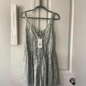 LoveShackFancy Floral Midi Dress in Pastel Blue and Cream